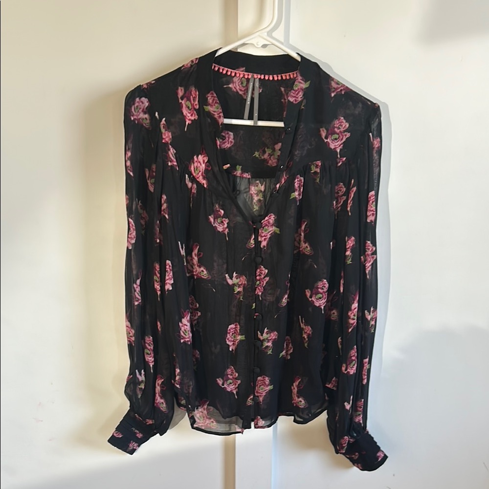 Anthropologie Floral Black Sheer Women's Top size Small
